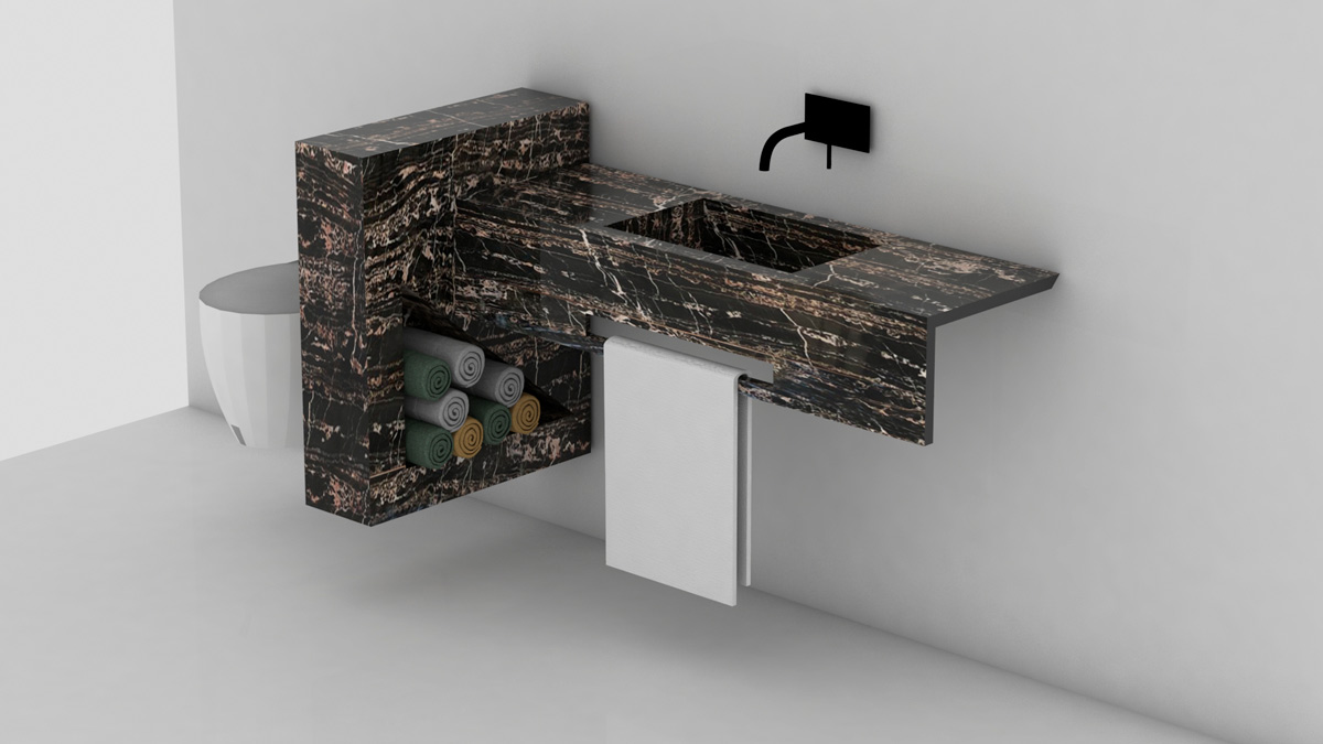 Ultra-light tailor-made black marble vanity render - Mueble de baño a medida de mármol negro ultraligero render